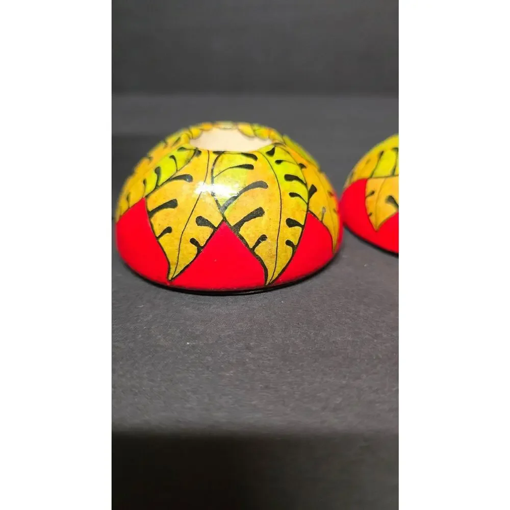 Pair Red Yellow Tropical Leaf Ceramic Taper Candle Holders Small Round Decor